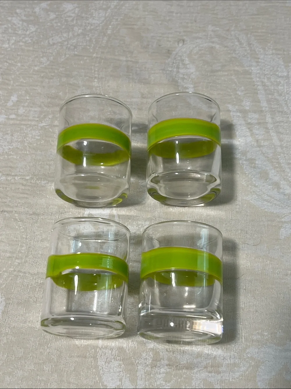Set of 4 Crate and Barrel Lime Green Band Shot Glasses - Clear Glass Barware